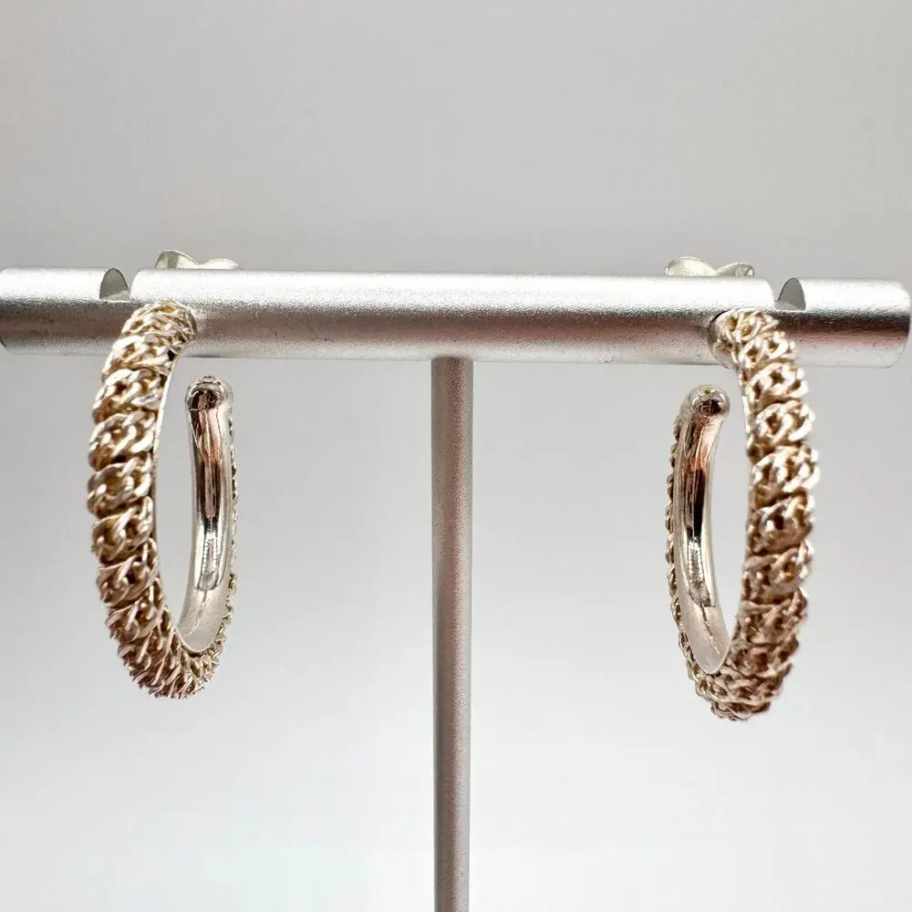 Italian 925 Sterling Silver Chain Hoop Earrings 1 1/8” Acid Tested Signed 6.86 g